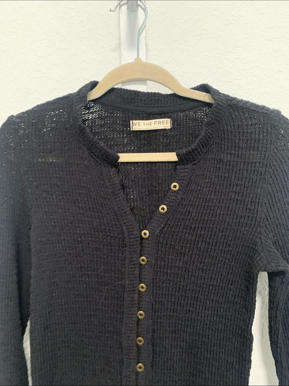 Free People Black Waffle Knit Button-Up Top - Picture 3 of 8